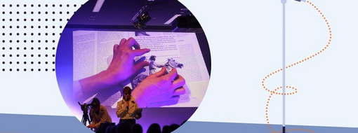 HOOU Art and Science Slam Visual zum HOOU Art and Science Slam mit einer Bildcollage von Personen, die an einem Mikrofon stehen und vortragen