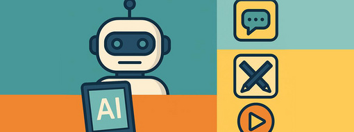 KI-Kompetenz an Hochschulen: Lernangebot Grafik zum Lernangebot KI-Kompetenz an Hochschulen: Ein Roboter mit einem iPad, auf dem die Buchstaben AI stehen. Rechts daneben Buttons für Bedienfelder im Kurs